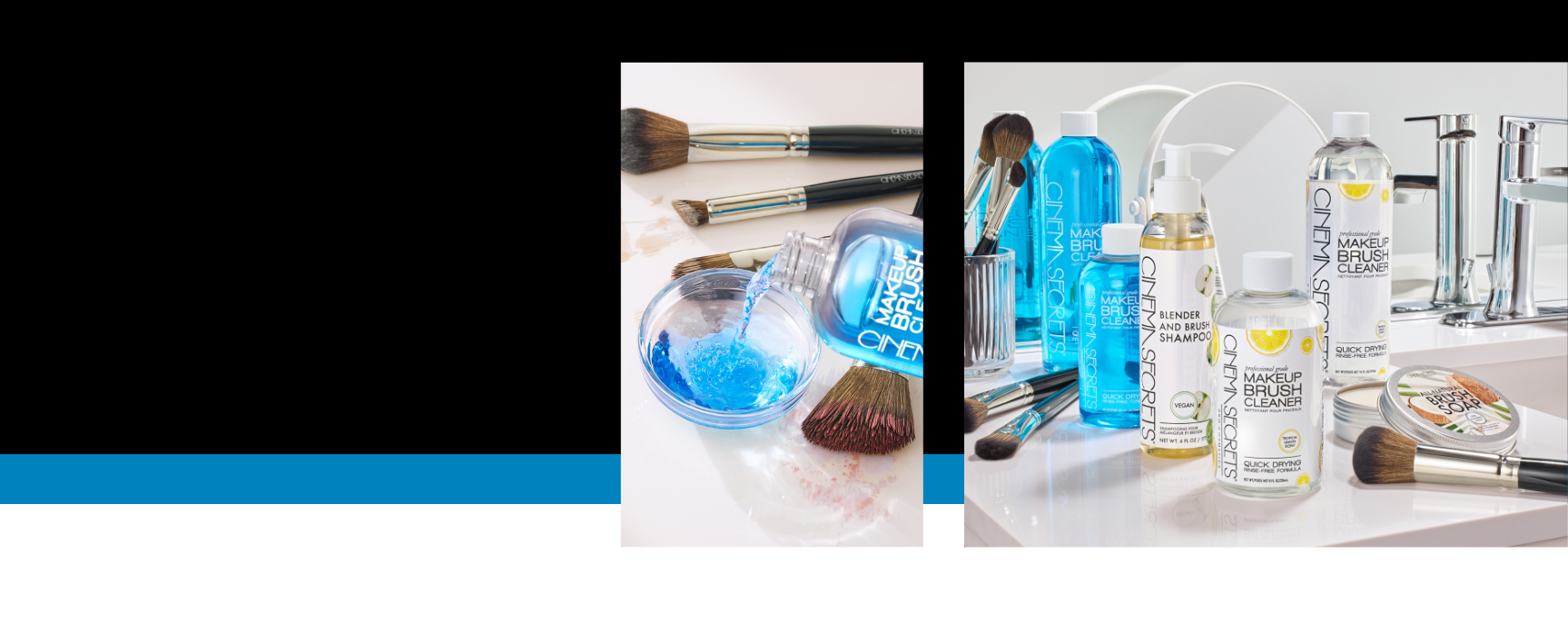 Cosmetic products and tools on a white surface with a blue accent.