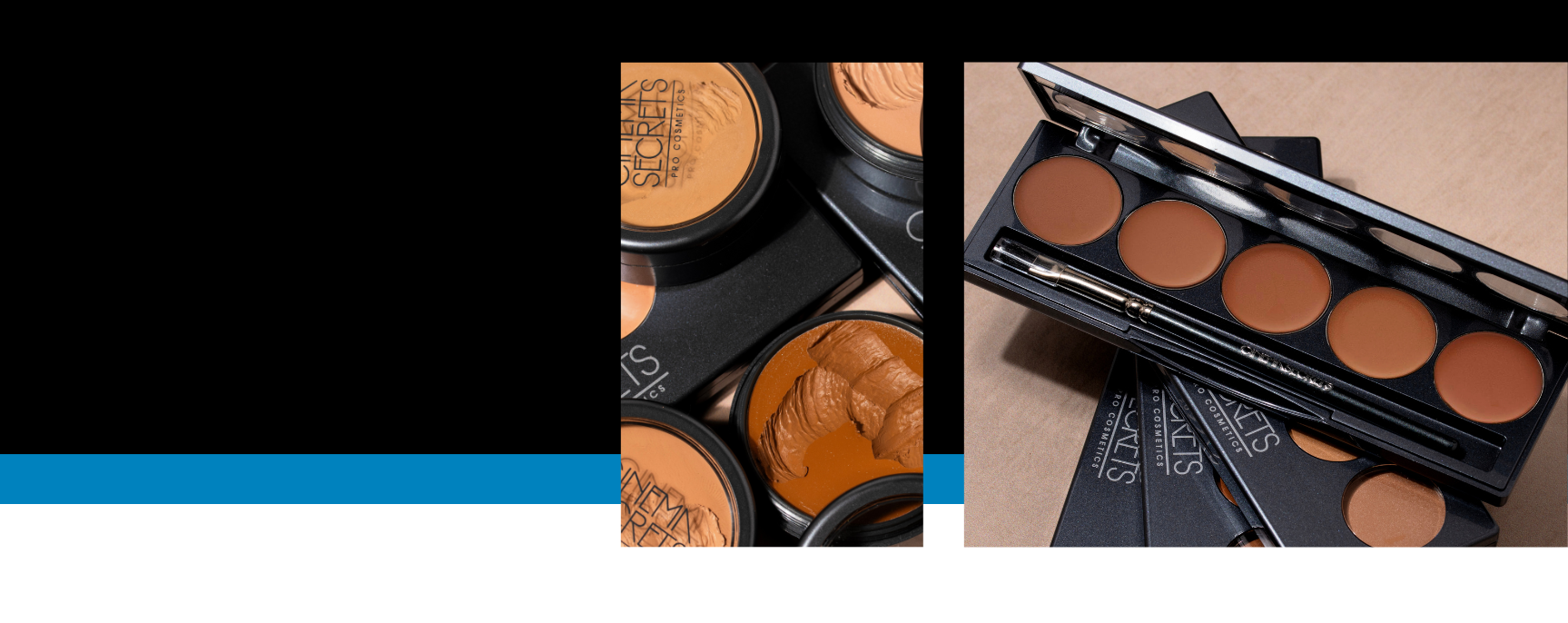 Makeup palette with brown shades and brushes on a beige background