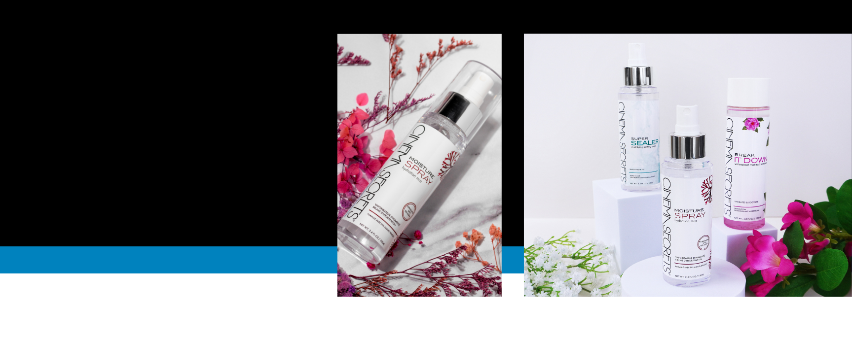 Cosmetic products with floral elements on a black and blue background