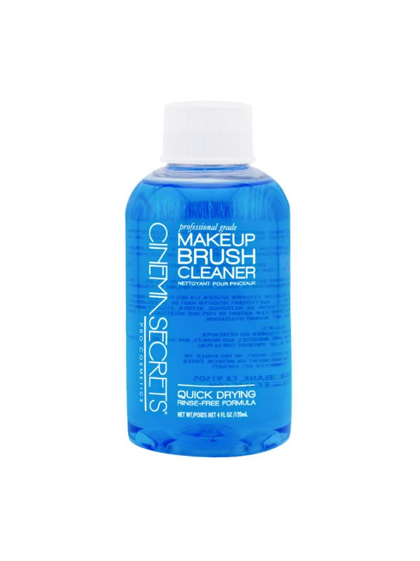 4oz Blue bottle of makeup brush cleaner with white cap on a white background