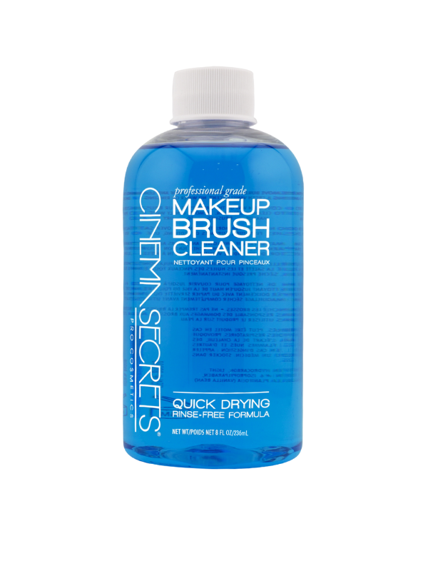 8oz Blue bottle of makeup brush cleaner with white cap on a white background