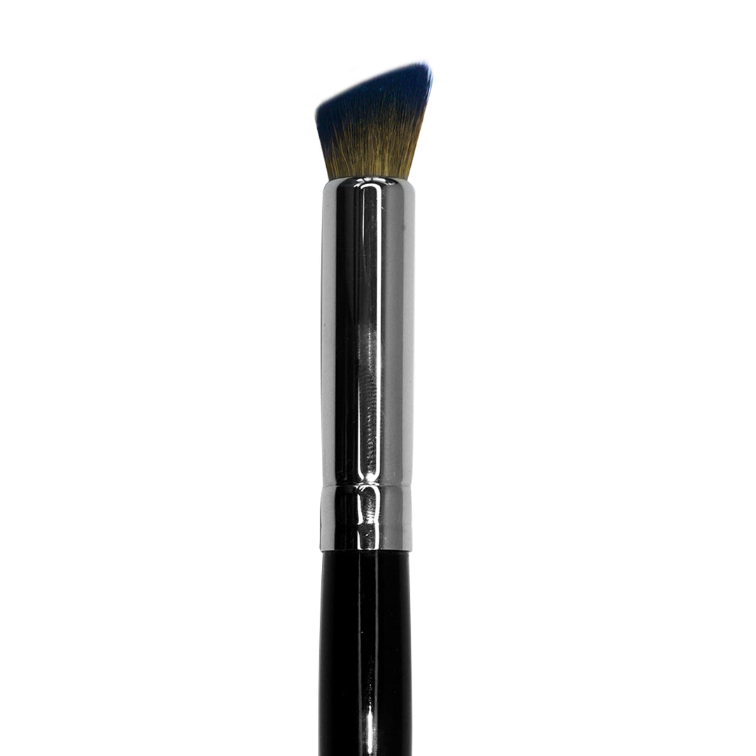 Close up of makeup brush with black handle on white background