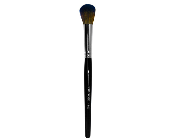 makeup brush with black handle on white background with pink powder swatch