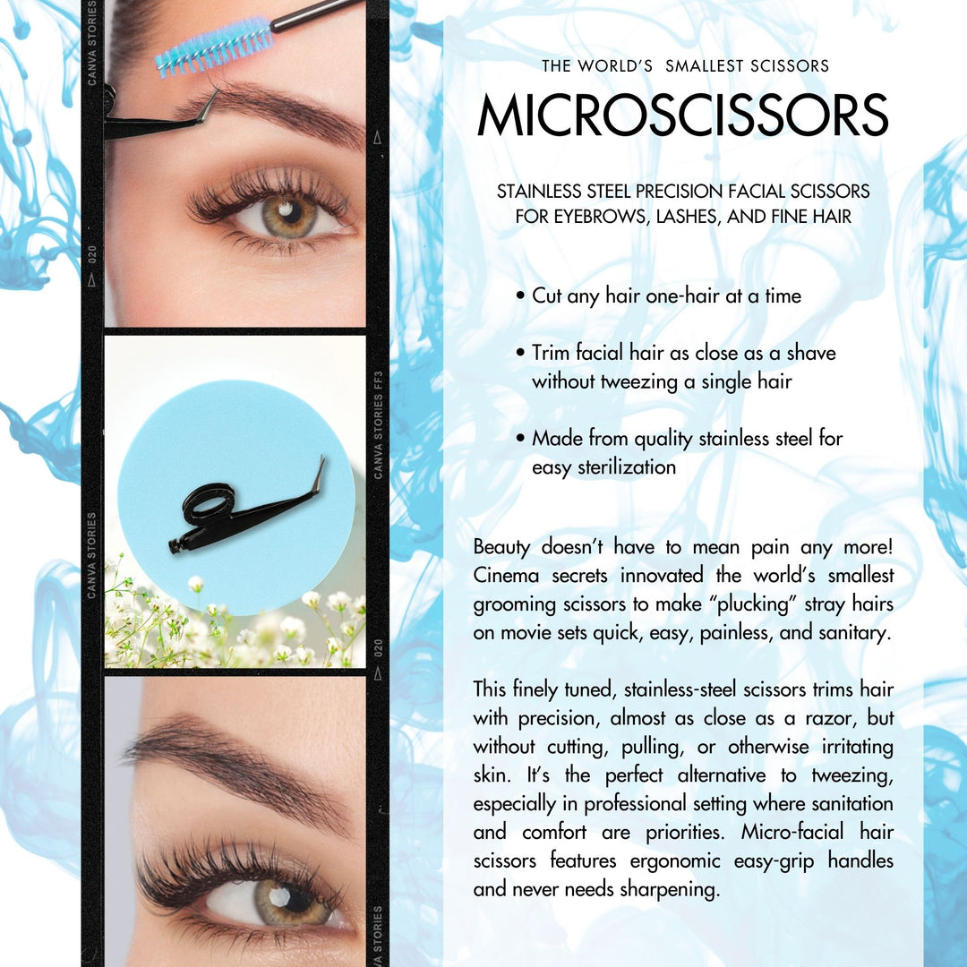 detail page of micro scissors with close up image of cutting eyebrow hair and close up up eye