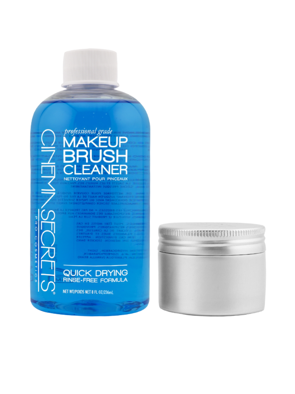 Cinema Secrets makeup brush cleaner bottle 8oz with tin on a white background