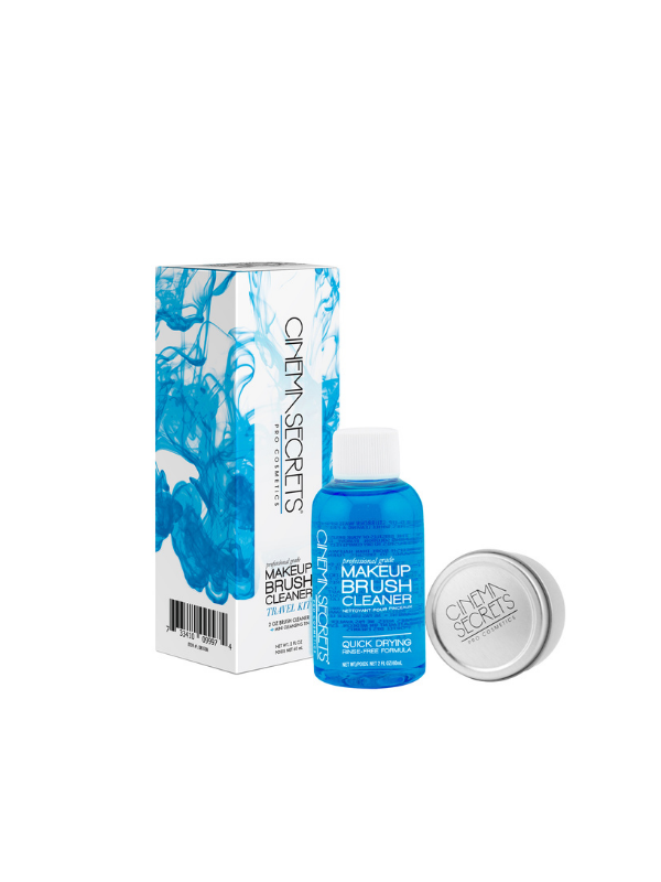 Cinema Secrets makeup brush cleaner bottle with 2oz tin, box on a white background 