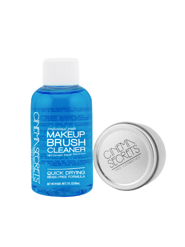 Cinema Secrets makeup brush cleaner bottle with 2oz tin on a white background
