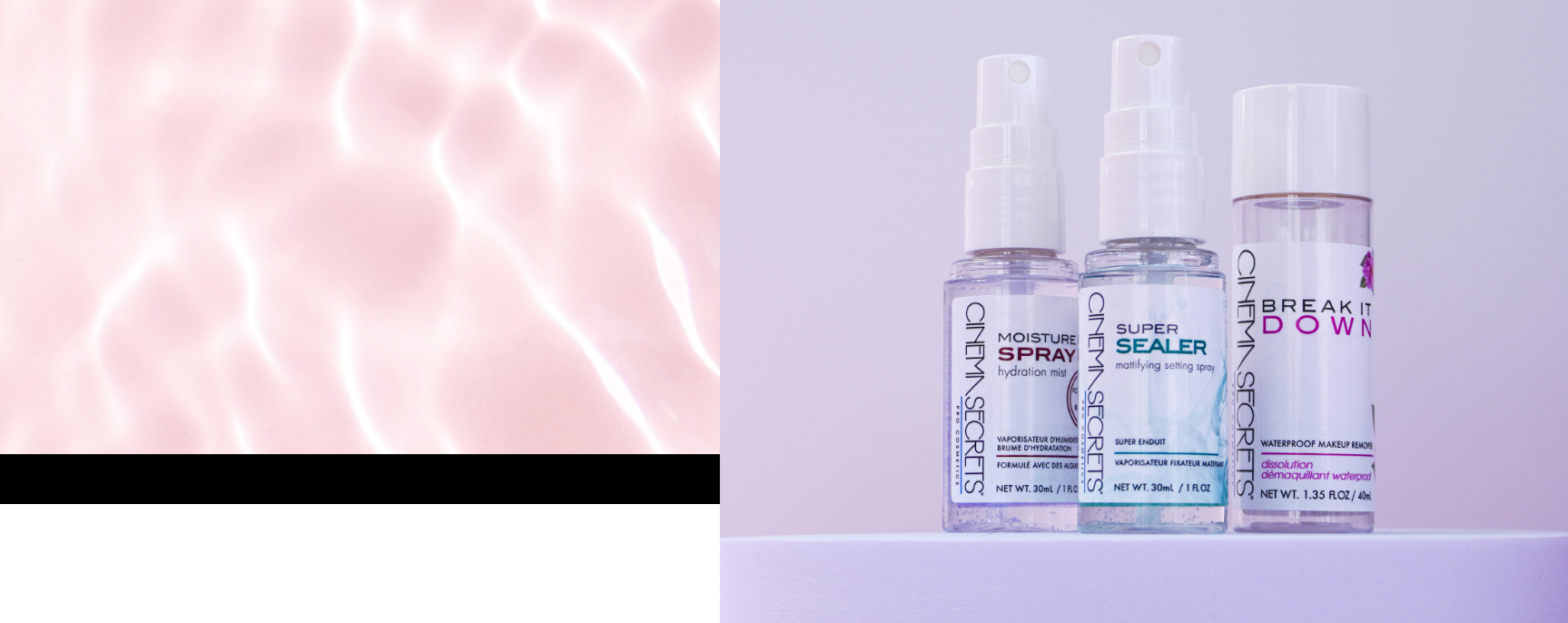 Three skincare bottles on a light purple background. includes our Break It Down Waterproof Makeup Remover, designed to effortlessly dissolve even the most stubborn makeup while nourishing your skin. Follow up with the Super Sealer Mattifying Setting Spray to lock in your look and control shine throughout the day. Finally, refresh and hydrate your skin with our Moisture Spray + Hydration Mist, delivering a burst of moisture whenever you need it.