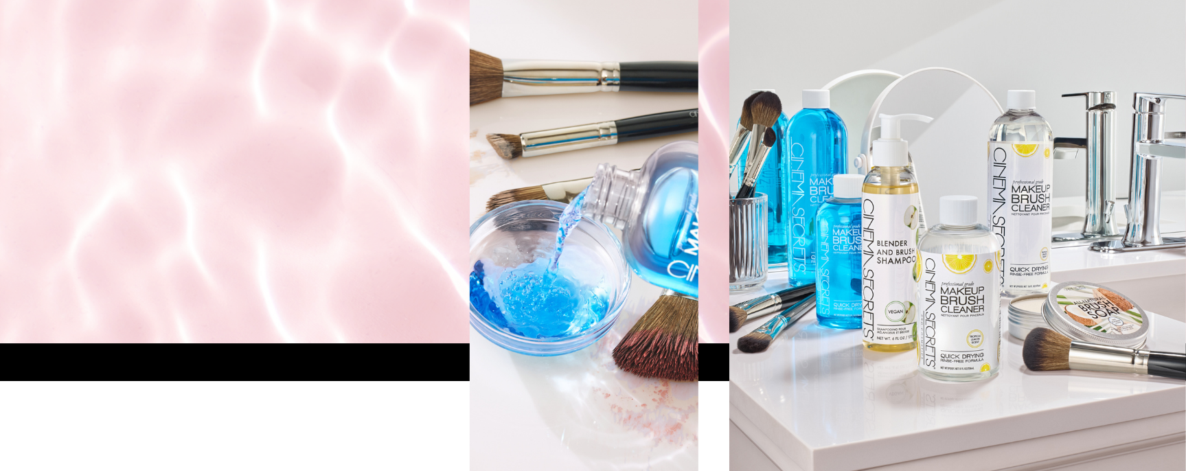 Collage of skincare products and tools on a white surface with a pink gradient background.