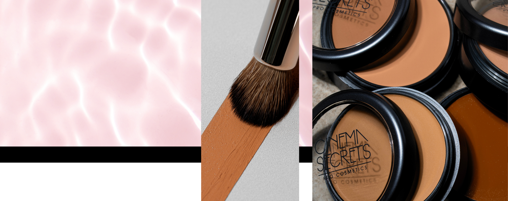 Makeup products including compact powders and a brush on a pink and gray background.