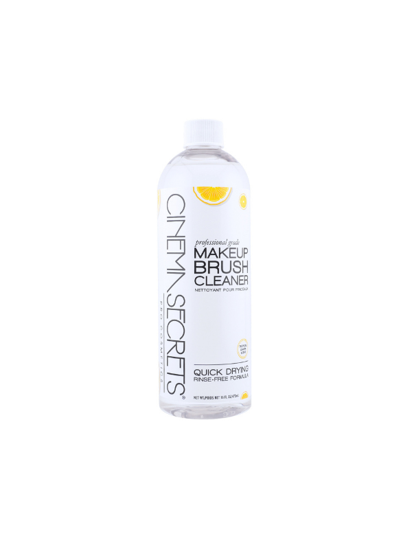 Bottle of Cinema Secrets makeup brush cleaner on a white background