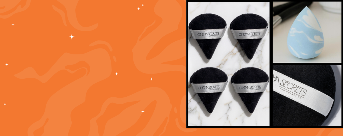 orange background with white stars. thee images of new products mini pizza puffs, puffs and blender