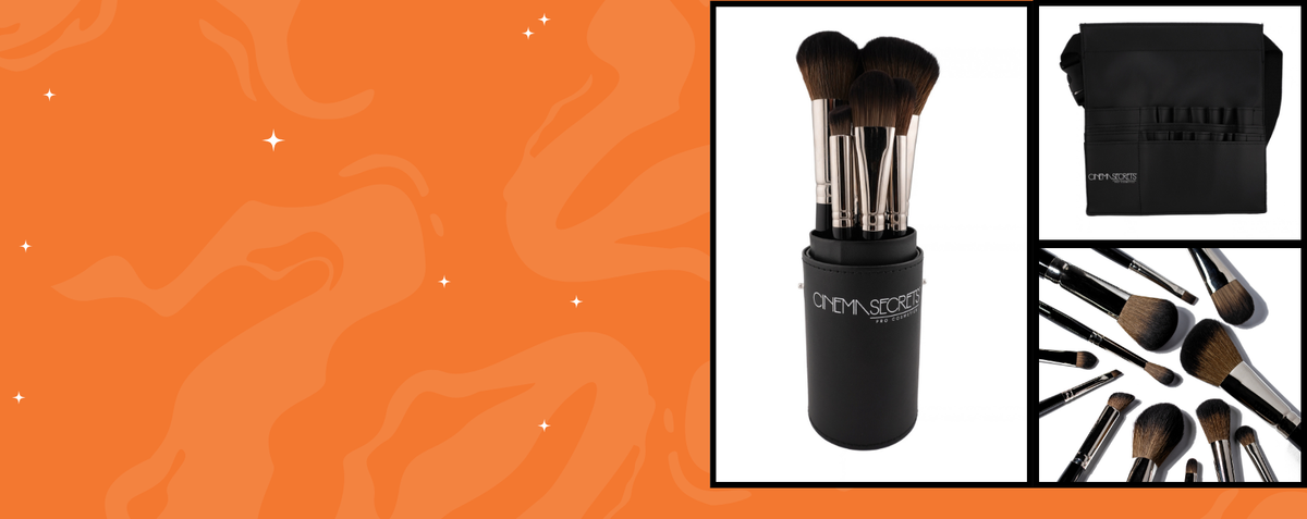 orange background with white stars. thee images of new products. Makeup brush bag, makeup cylinder brush holder and 12 makeup brush set