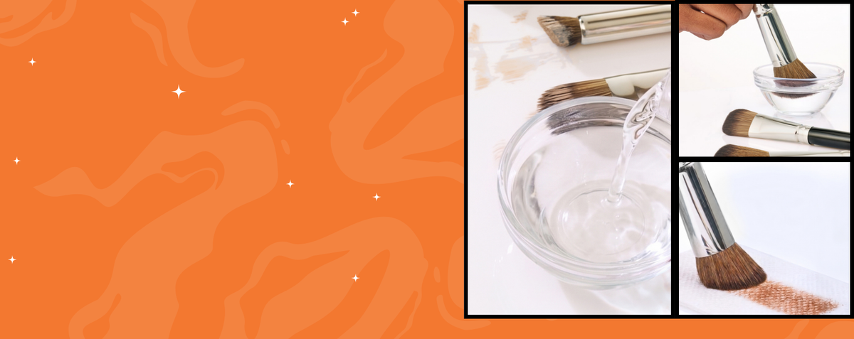 orange background with white stars. Image of instructions, POUR, DIP, WIPE. To clean makeup brushes