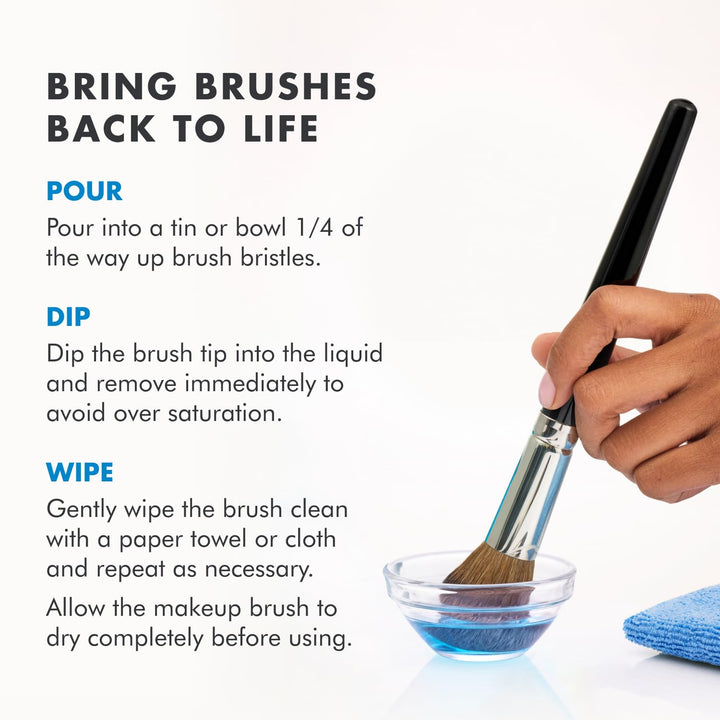 Makeup brush cleaning process with text instructions on a white background