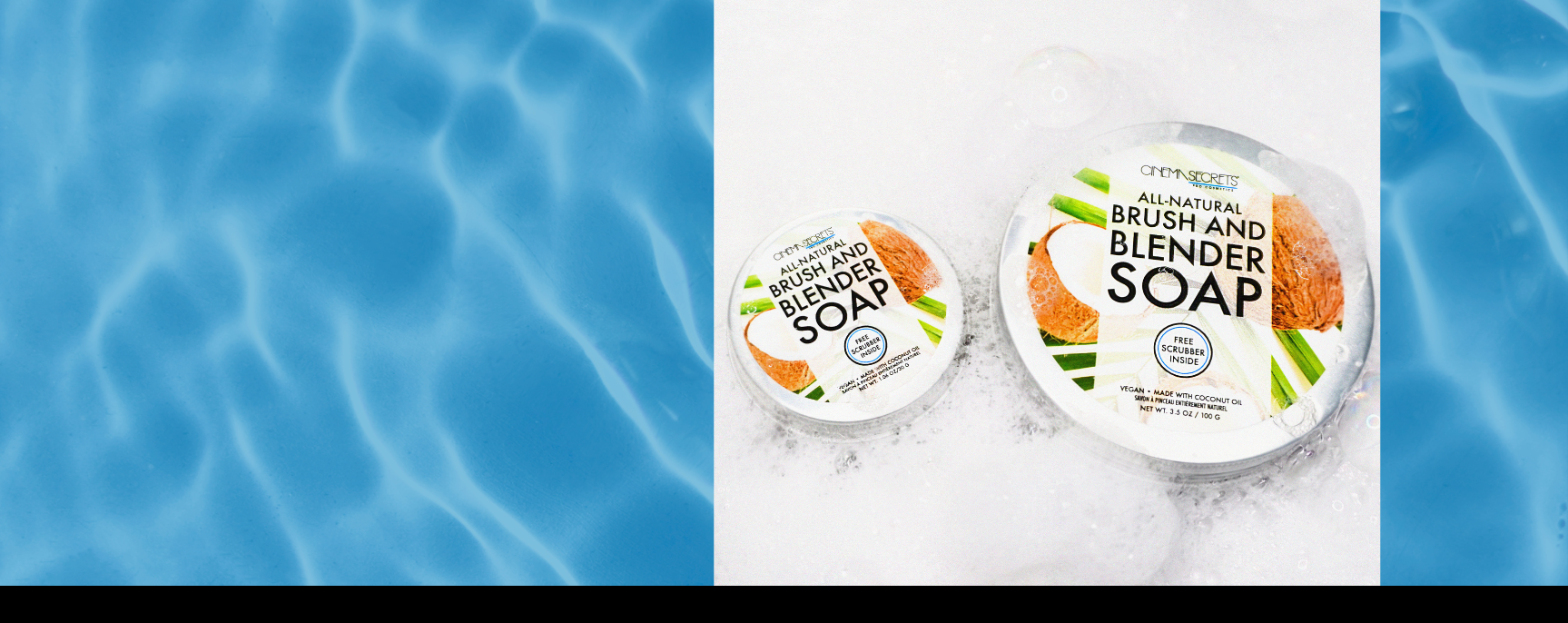 mini soap and big blender in soap foam. the background is blue water ripples