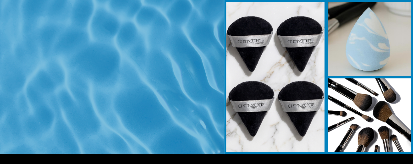 Collection of makeup brushes with a blue water background