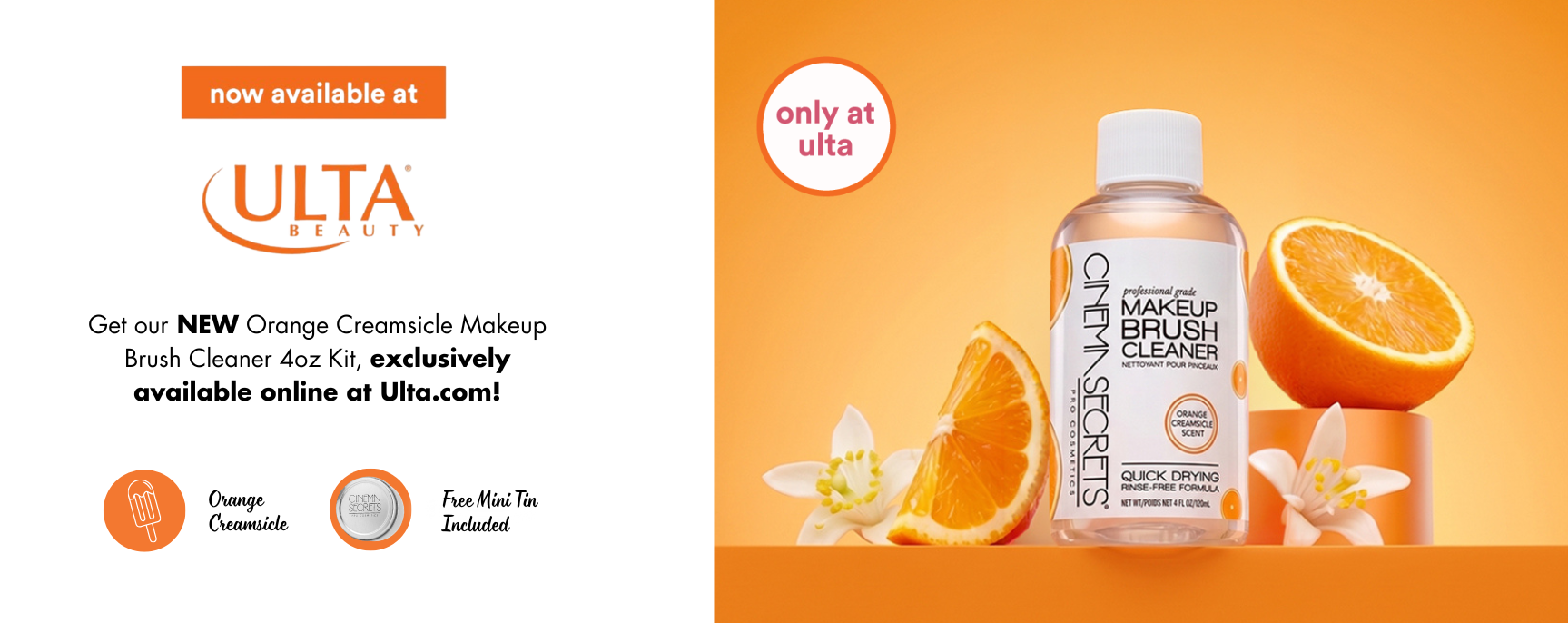 Ulta Beauty orange creamscicle makeup brush cleaner set, featuring a clear bottle with a white cap and clear liquid, surrounded by orange slices and white flowers on a bright orange background, alongside promotional text on a white sidebar.