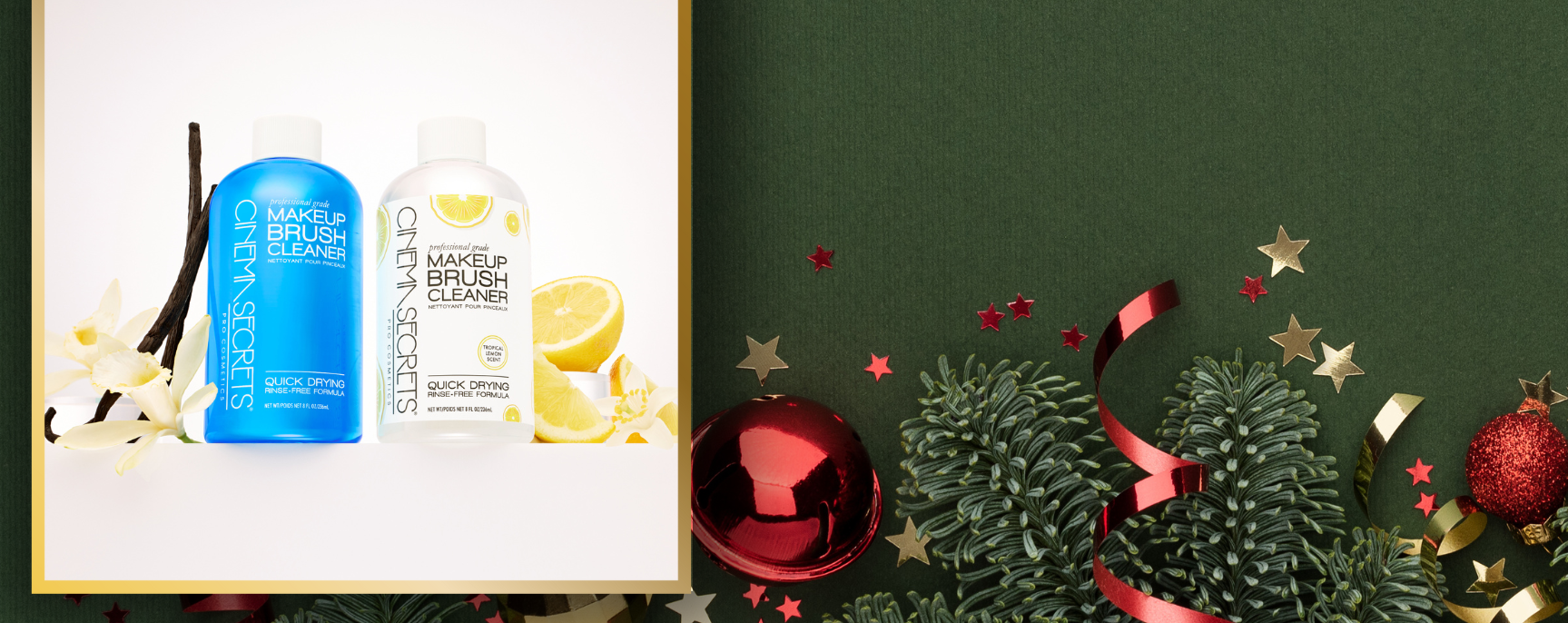 Makeup products with Christmas decorations on a green background