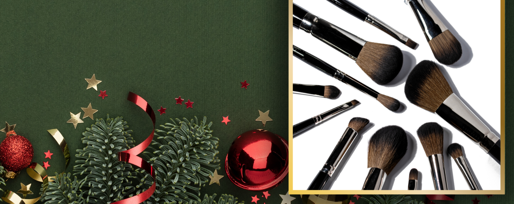 Makeup brushes on a white background with Christmas decorations on the left.