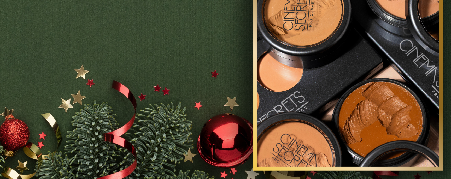 Makeup products with Christmas decorations on a green background