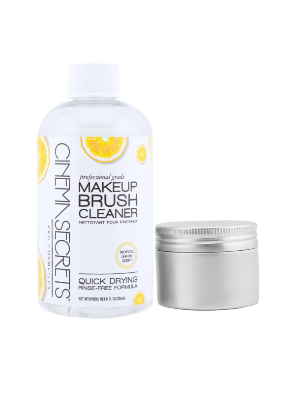 Makeup brush cleaner bottle with a silver container on a white background