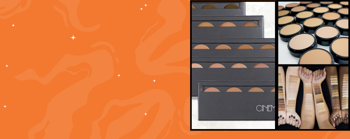 A collage showing of foundation palettes, swatches on three different skin tones and small round pots of foundation, alongside an orange abstract background panel.