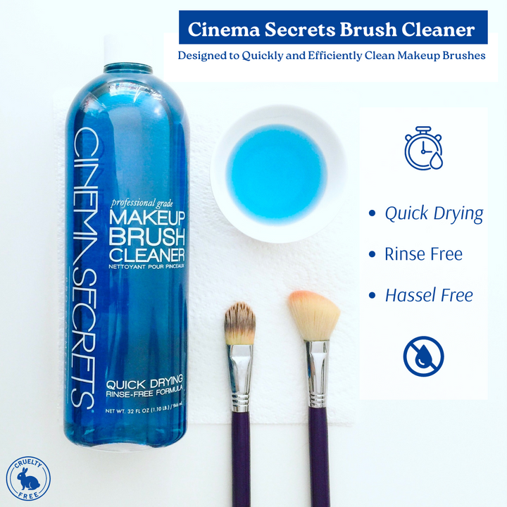 bottle of brush cleaner with makeup brushes and product callouts on white background
