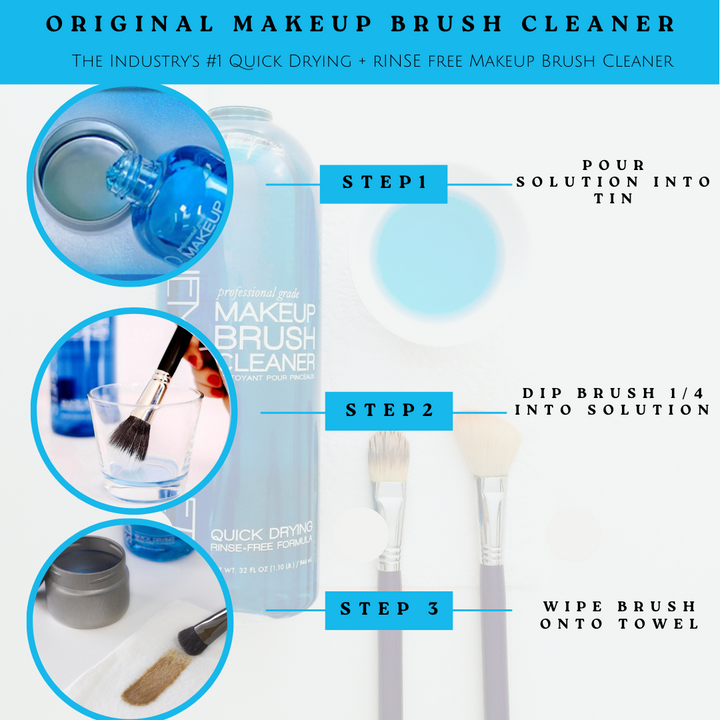 An step by step image of how to use the original makeup brush cleaner, a tool for thorough cleaning and maintenance of makeup brushes.