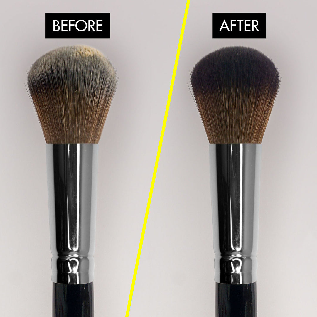 Before and after image of a dirty makeup bruah after using brush cleaner